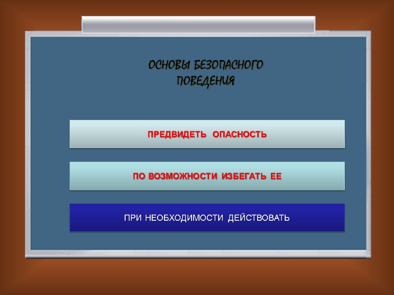 ОСНОВЫ БЕЗОПАСНОГО  ПОВЕДЕНИЯ ПРЕДВИДЕТЬ  ОПАСНОСТЬ ПО ВОЗМОЖНОСТИ ИЗБЕГАТЬ ЕЕ ПРИ НЕОБХОДИМОСТИ ДЕЙСТВОВАТЬ